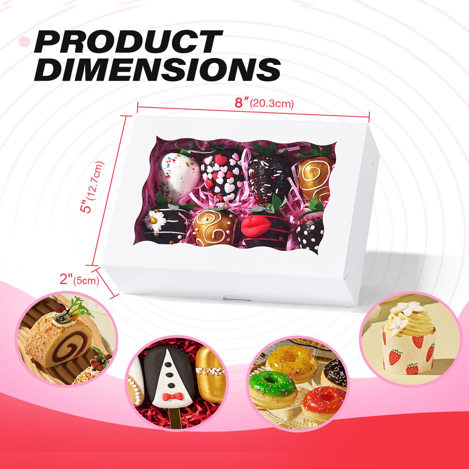 100 cajas de panadería de 8 x 5 x 2 pulgadas con ventana, perfectas para galletas, fresas cubiertas de chocolate, macarrones y más, estilo simple