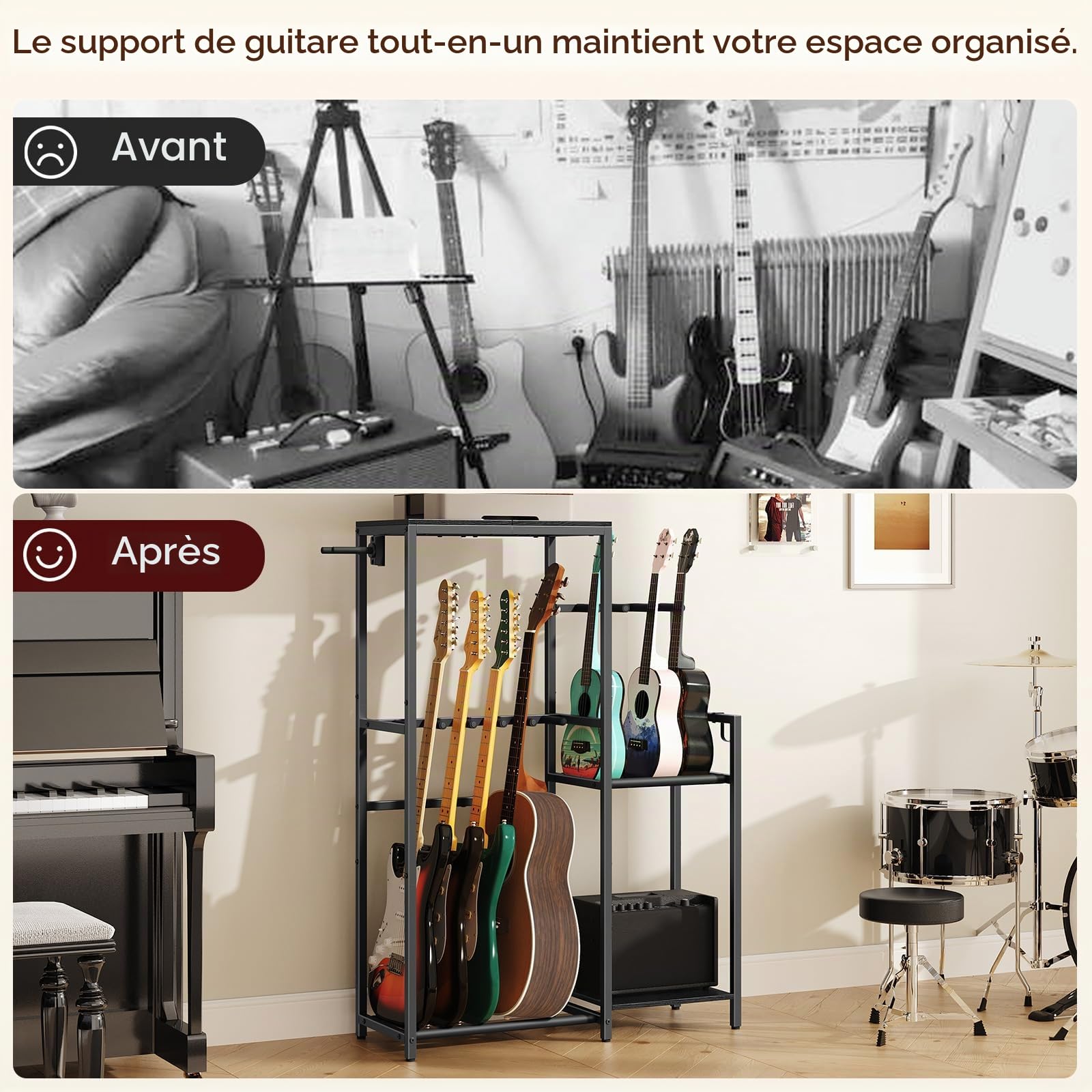 MAHANCRIS Support de guitare pour 9 guitares, acoustiques, électriques, basses, ukulélés, banjo, tourne-disques, support de présentation en mousse EVA pour studio de musique, noir AGSHB8501