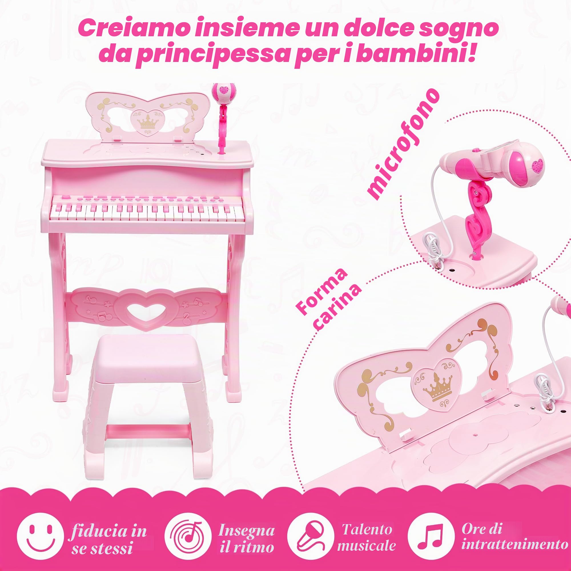 Pianoforte Elettronico per Bambini|Pianoforte Giocattolo con 37 Tasti - Set Pianola per Bambini| Giocattolo Musicale Ed Educativo Con Microfono Più Modalità Di Musica Leggera, Sgabello