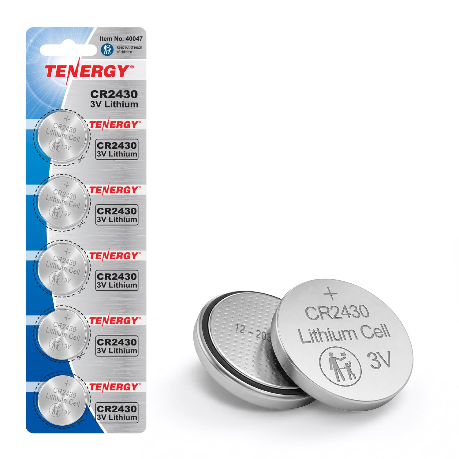 Tenergy CR2430 Battery, 3V Lithium Coin Battery for Car Key Fob, Car Remote, Calculators, Thermometers and More, 5 Count