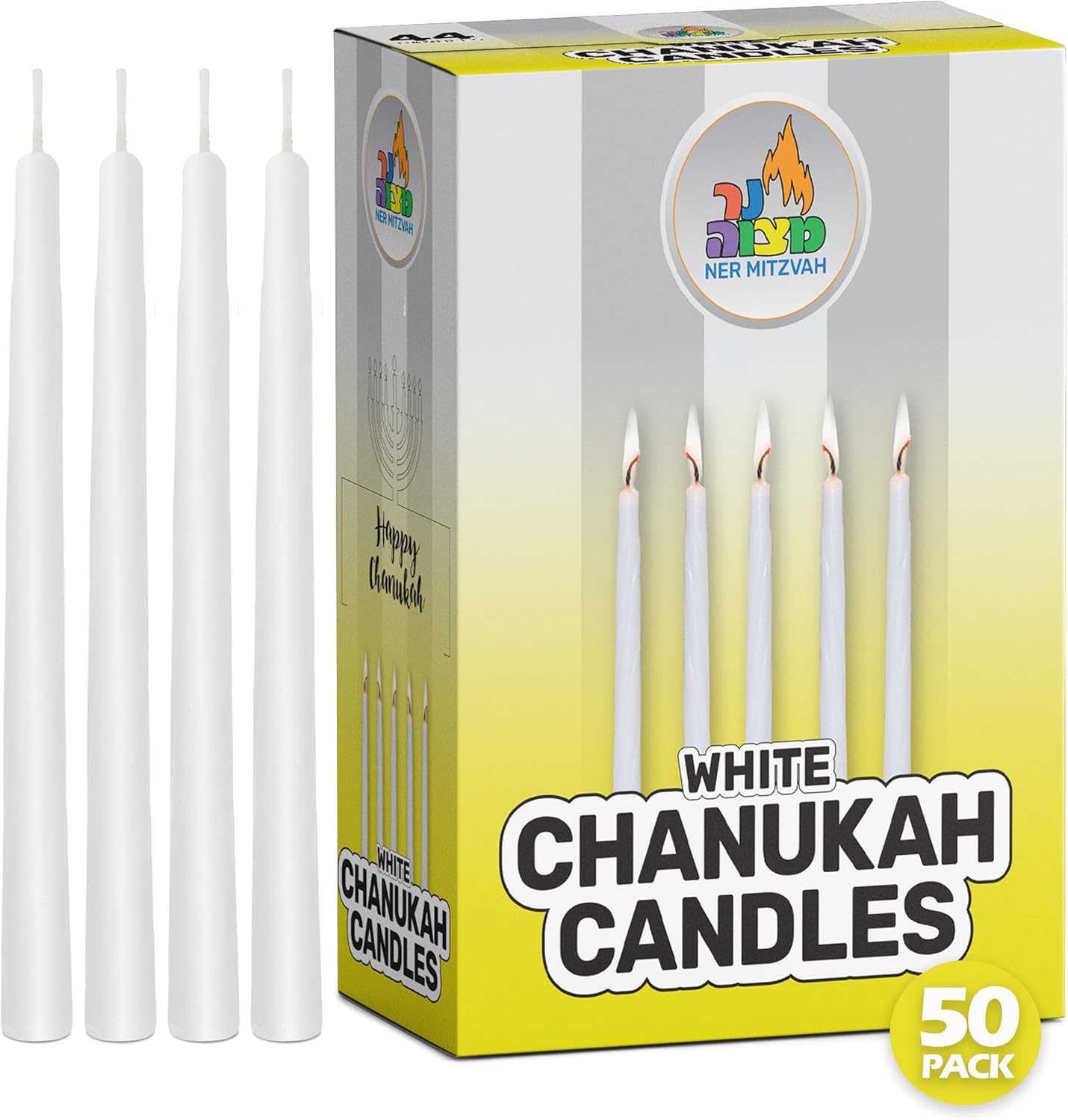 50 Pack White Chanukah Candles - Standard Size Fits Most Menorahs - Premium Quality Wax - Bulk for All 8 Nights of Hanukkah - Ner Mitzvah
