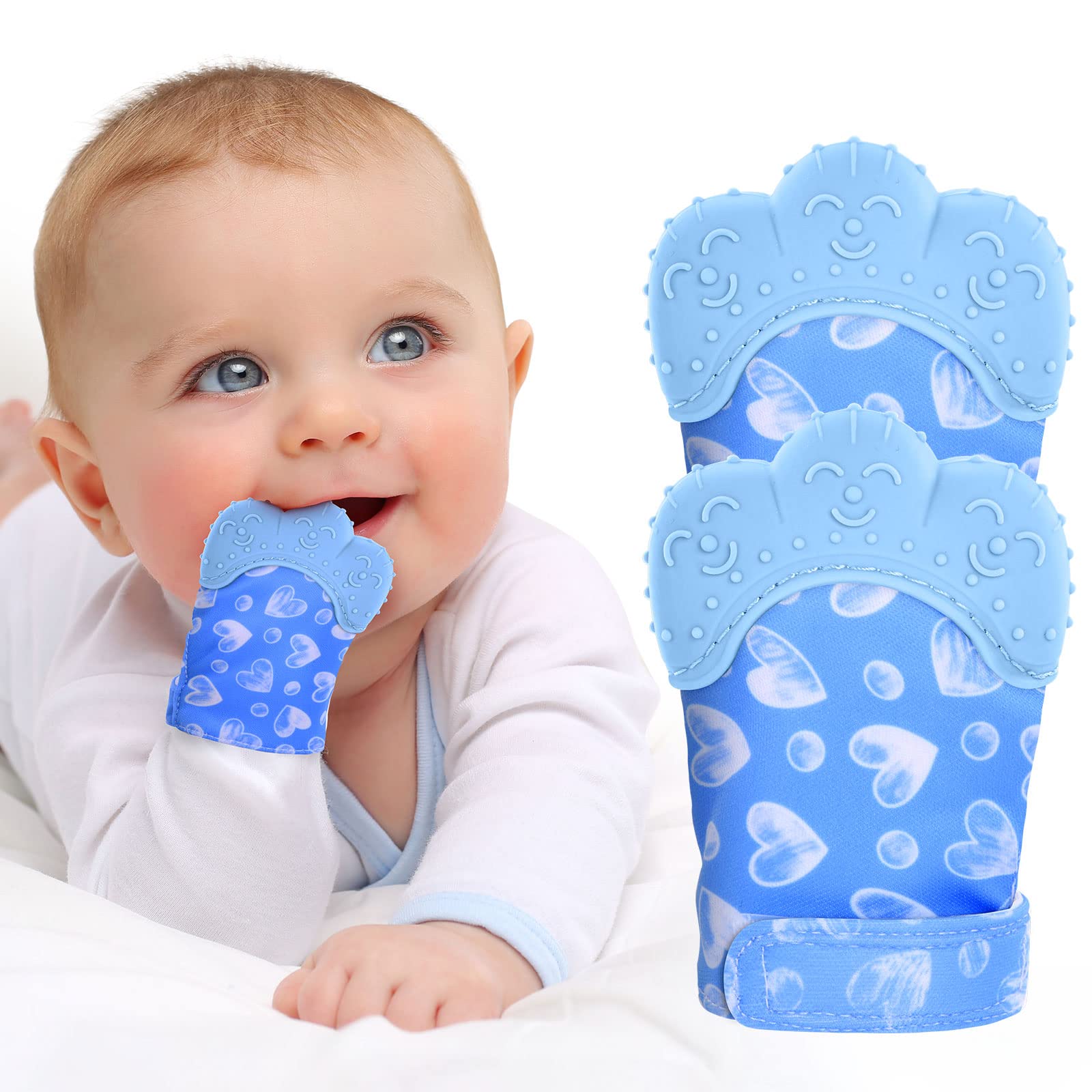 Vicloon Guanto da Dentizione per Bambini, 2 Pezzi Lenitivo Dentizione Mitten con Progetto Regolabile, Dentizione Neonati Giocattolo Guanti di Protezione con Massaggiagengive in Silicone, Cuore Blu