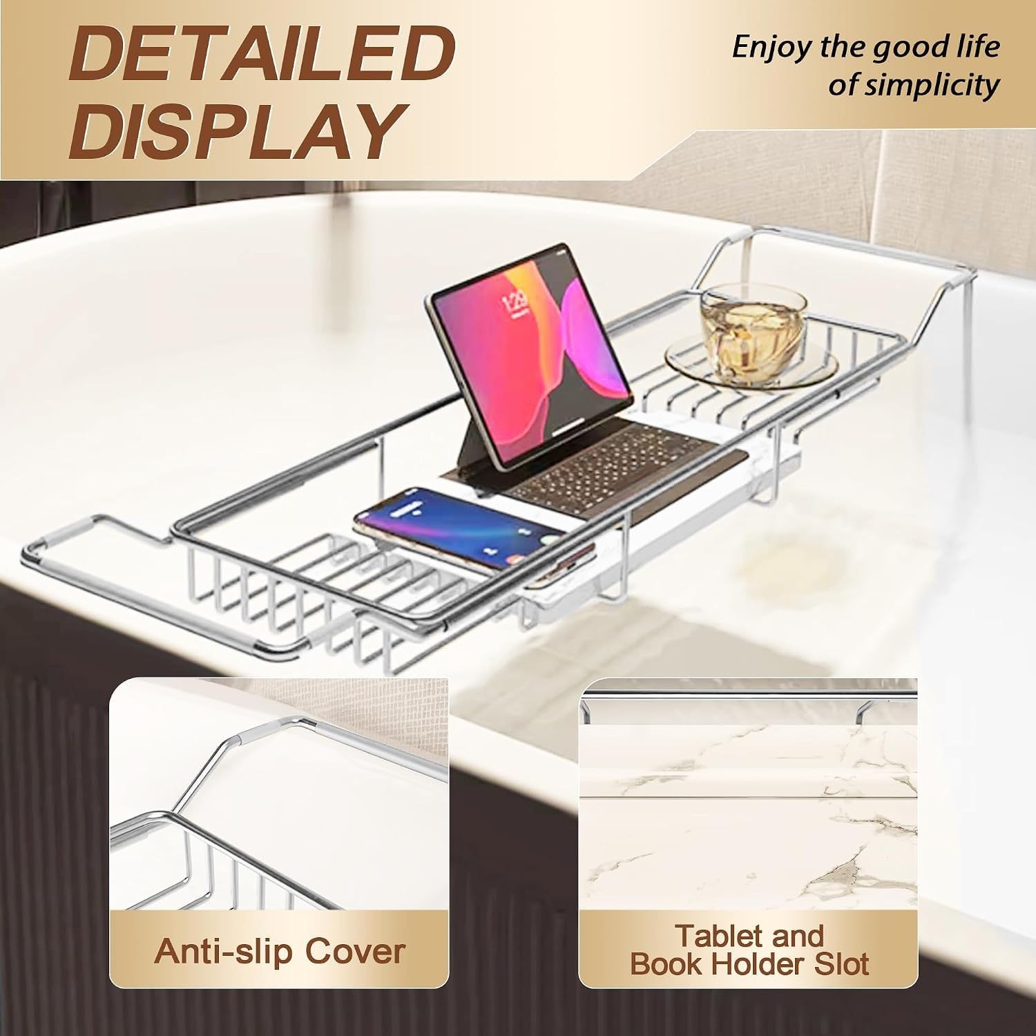 Bandeja de Bañera Extensible de Acero Inoxidable Dorado con Mármol Blanco | Estante Ajustable, Soporte Telescópico Multifuncional Organizador Antióxido(Silver+White)