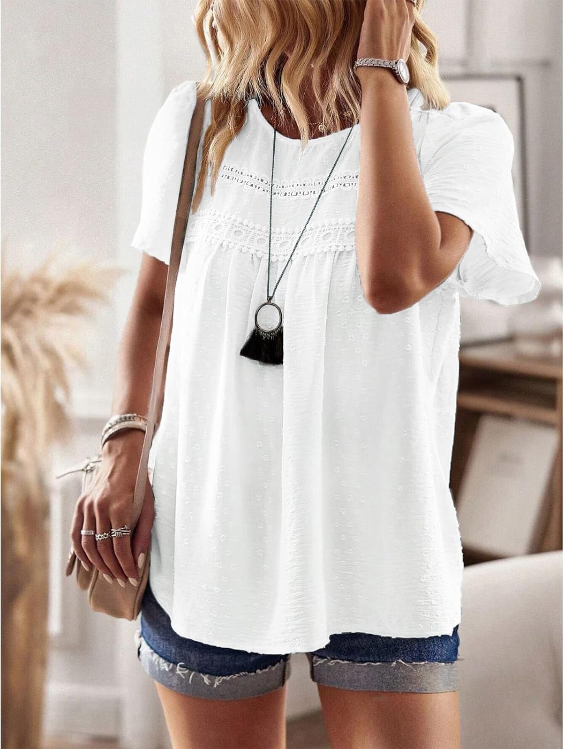 YNIQUE Womens Summer Tops Crewneck Short Sleeve T Shirts Casual Chiffon Blouses Flowy Lace Hem Trendy 2025 - Image 6