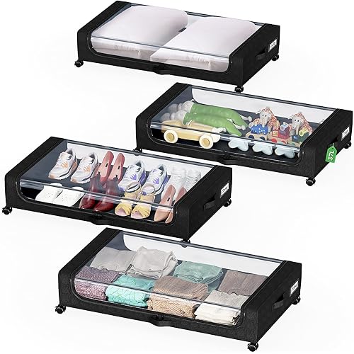 4 Pack Under Bed Storage with Wheels, Under Bed Storage Containers with Clear Lid, Handles, Label, Rolling Under Bed Shoe Storage Organizer for Bedroom Dorm Clothes Toys Shoes Blankets- Black