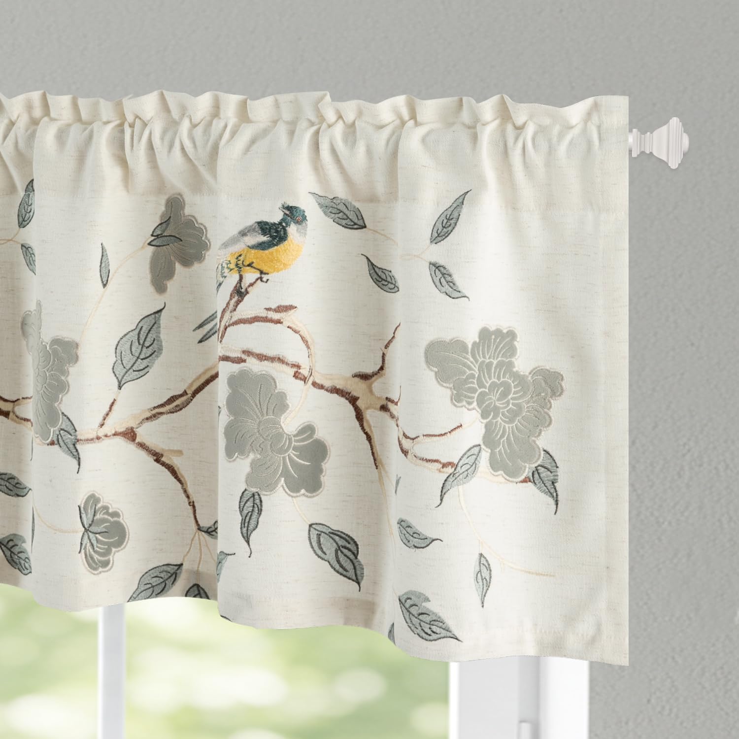 VOGOL Vivid Birds Pattern Valances for Windows, Flower Embroidered Kitchen Curtains Valance, Rod Pocket Linen Curtain Panels for Living Room, 18