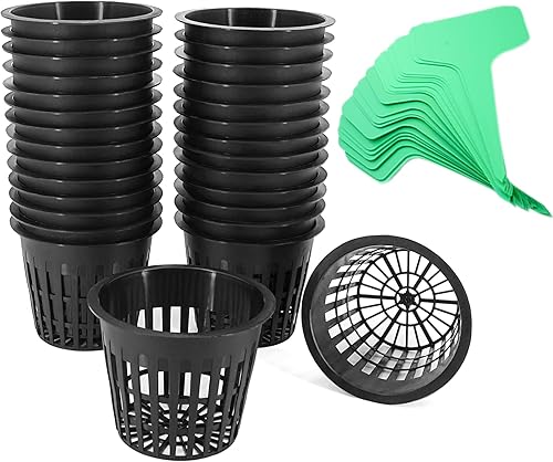 Macetas de red de 3 pulgadas para hidroponía, 30 paquetes con etiquetas para plantas, 30 unidades, copas de red de boca ancha resistentes, macetas
