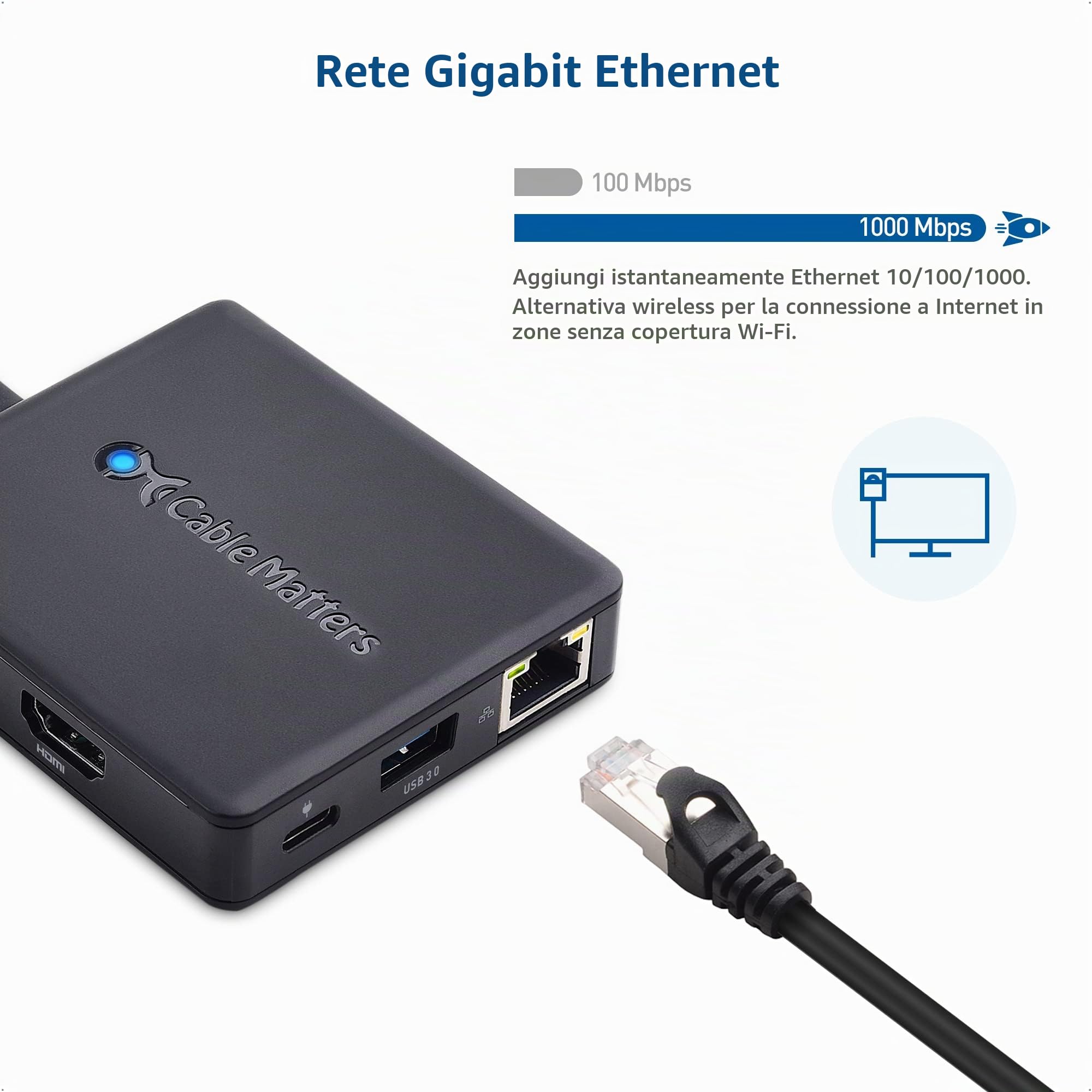 Cable Matters Cavo DisplayPort a HDMI | MacBook Pro, Dell XPS, Surface Pro e più, DisplayPort, USB3.0, Gigabit Ethernet, 100 W ricarica - Thunderbolt 4/3, USB4