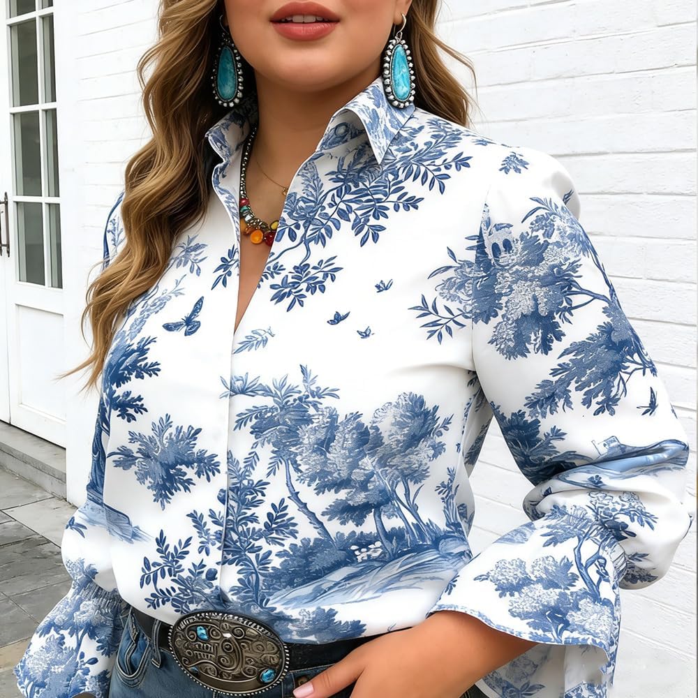 Women's Boho Paisley Blouse Western Floral Print Top Ruffled Cuff Long Sleeve Button-Down Shirt - Image 3