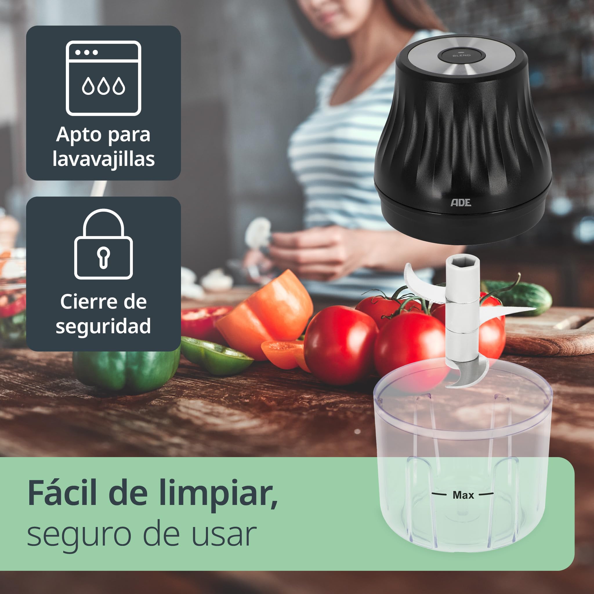 ADE Mini picadora eléctrica sin cable | procesador de alimentos con cable USB | food processor para verdura, carne, fruta, hierbas | ideal para cantidades pequeñas | 150 ml