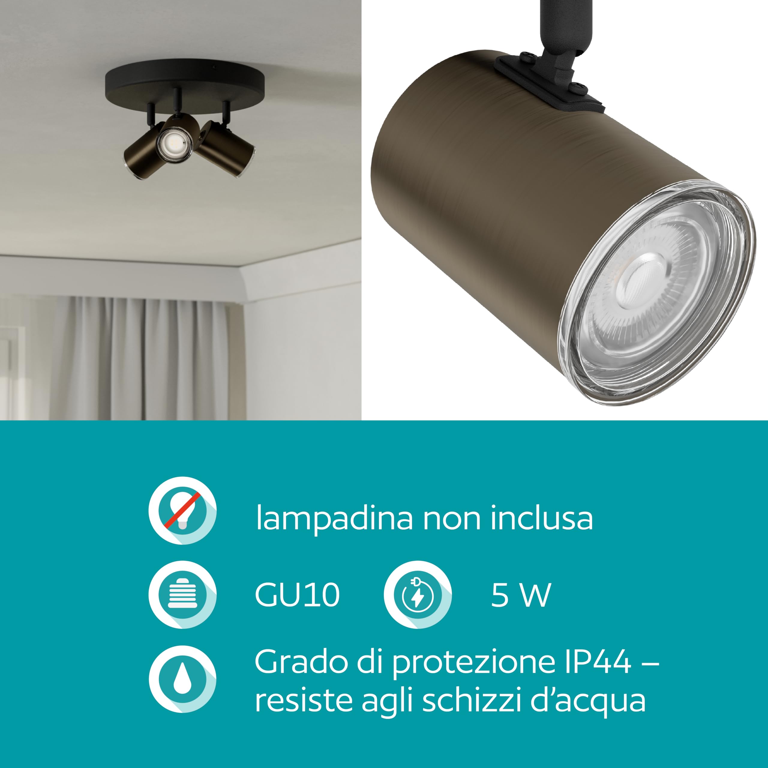 Eglo Plafoniera Consuma 1, faretto tondo 3 luci, lampada bagno a soffitto in metallo nero e bronzo, attacco GU10, IP44