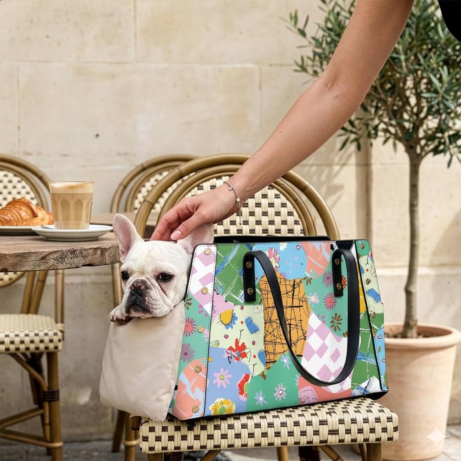 Flower Patchwork Print Dog Purse Carrier, Breathable Top Opening Pet Carrier, Lightweight PU Leather Pet Handbag for Dogs Under 15 lbs