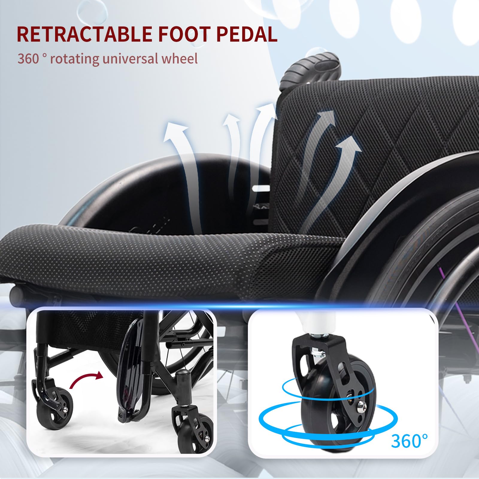 Silla de Ruedas Plegable Ligera de Paseo,Silla de ruedas manual,Plegable,Ligero,Transporte,Asiento y respaldo con cojín acolchado,Frenos manuales,Antivuelco,Para mayores,minusválidos(15.7in seat width