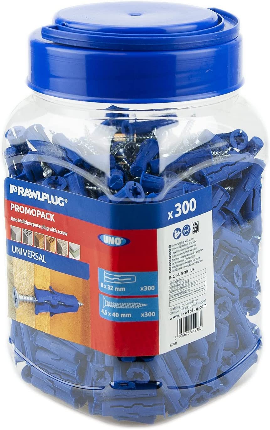 Rawlplug Blue Uno Universal Screws And Wall Plugs Set 8 Mm | Screws And Rawl Plugs For Plasterboard Masonry Brick Concrete | Solid Wall Plug Anti Rotation Features | Plasterboard Fixings Jar Of 300