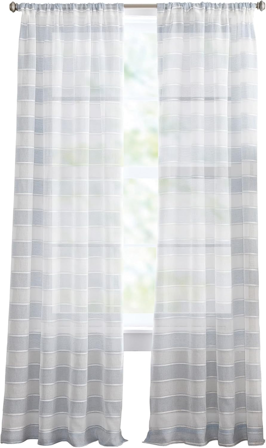 Curtainworks Blue and White Striped Sheer Curtains for Living Room- 50" x 84"- Set of 2 Curtain Panels
