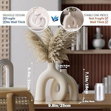 Boho Style Cream White Ceramic Vases Set - Decorative Flower Vases for Living Room, Dining Table, Hallway Console & Fireplace, Modern Dresser and Shelf Decor