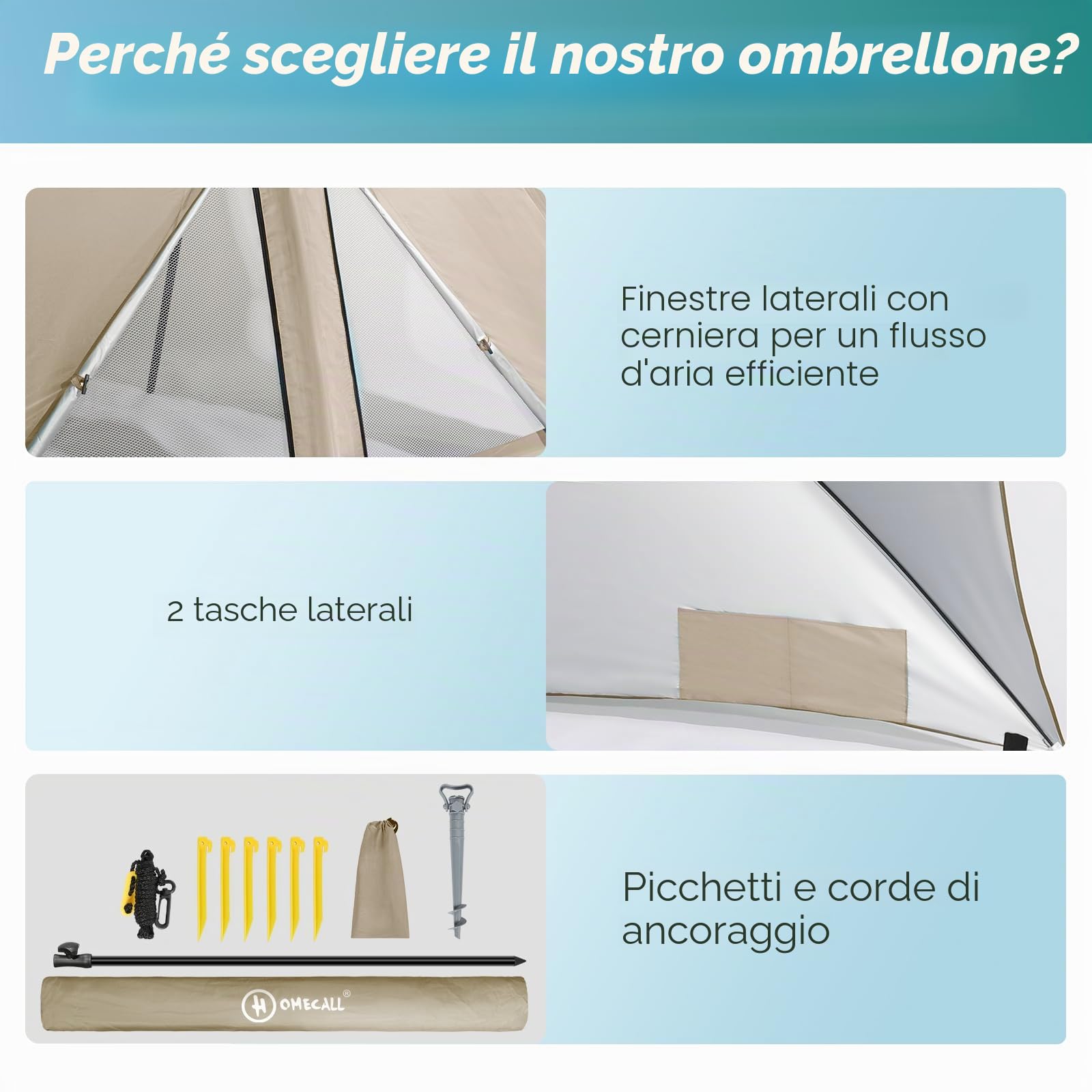 HOMECALL Ombrellone da spiaggia con finestra, design paravento, poliestere resistente ai raggi UV, kaki