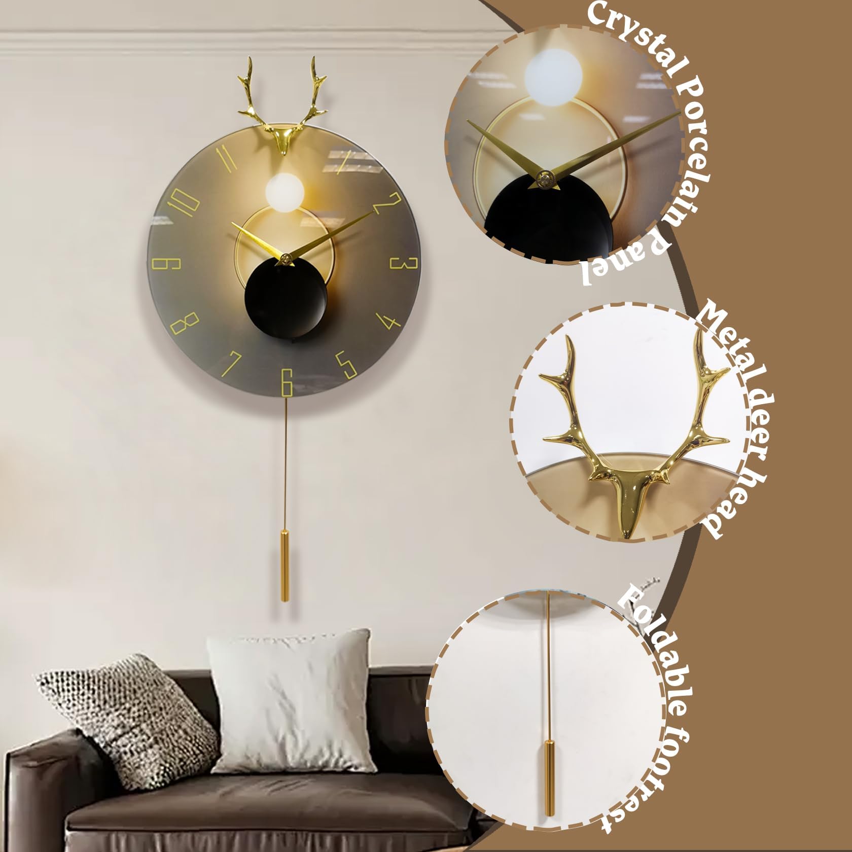 Reloj de pared grande, reloj de pared de péndulo silencioso de 64 cm sin ruido de garrapatas, decoración moderna para dormitorio, reloj de pared silencioso para decoración del hogar