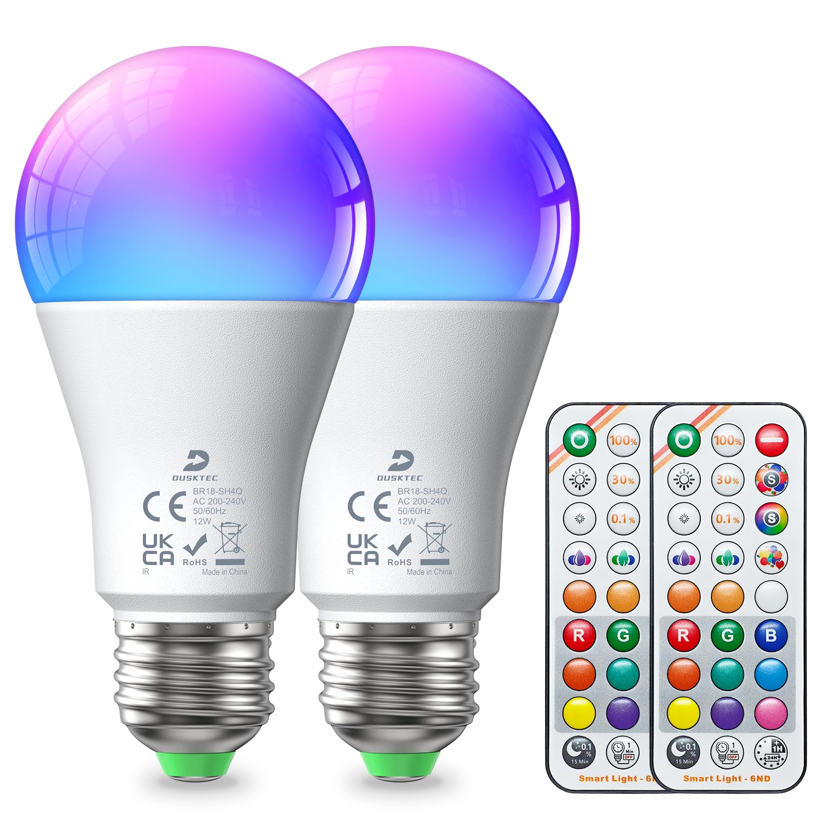 DUSKTEC LED Light Bulbs 12W, RGB Colour Changing E27 Screw Bulb with Remote, 1300LM 100 Watt Equivalent, 5 Dynamic Modes, Night Light, Sleep Mode, Timer, 9 Colors/3CCT, No Flicker