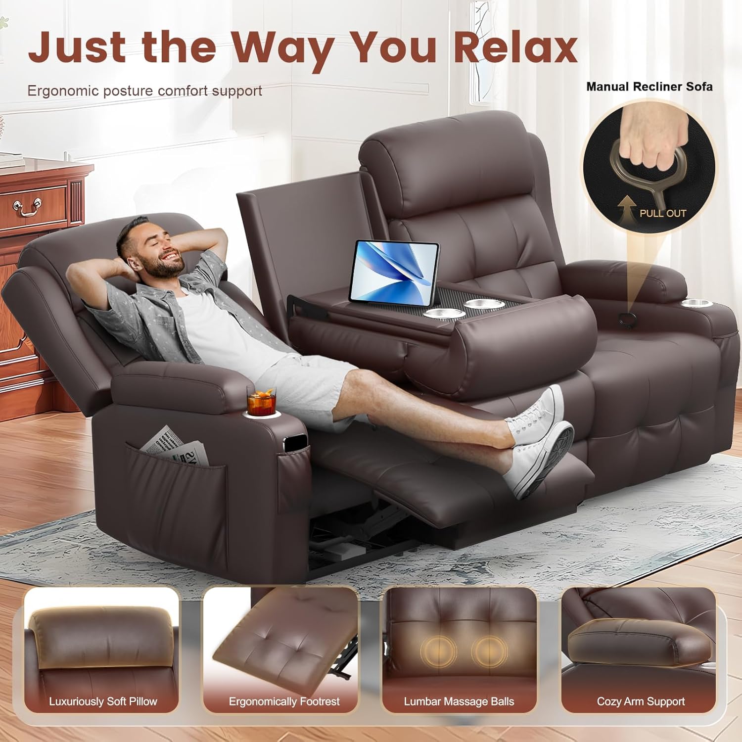 recliner sofa 3 seater with flip back console and cup holders