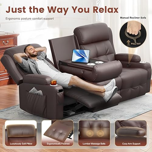 Miniatura 4 de Recliner Sofa, Massage Reclining Sofa 3 Seater Sets Heavy Weight Capacity, RV Loveseat Couch Clearance with Flip Back Console, Storage, Cup Holders,