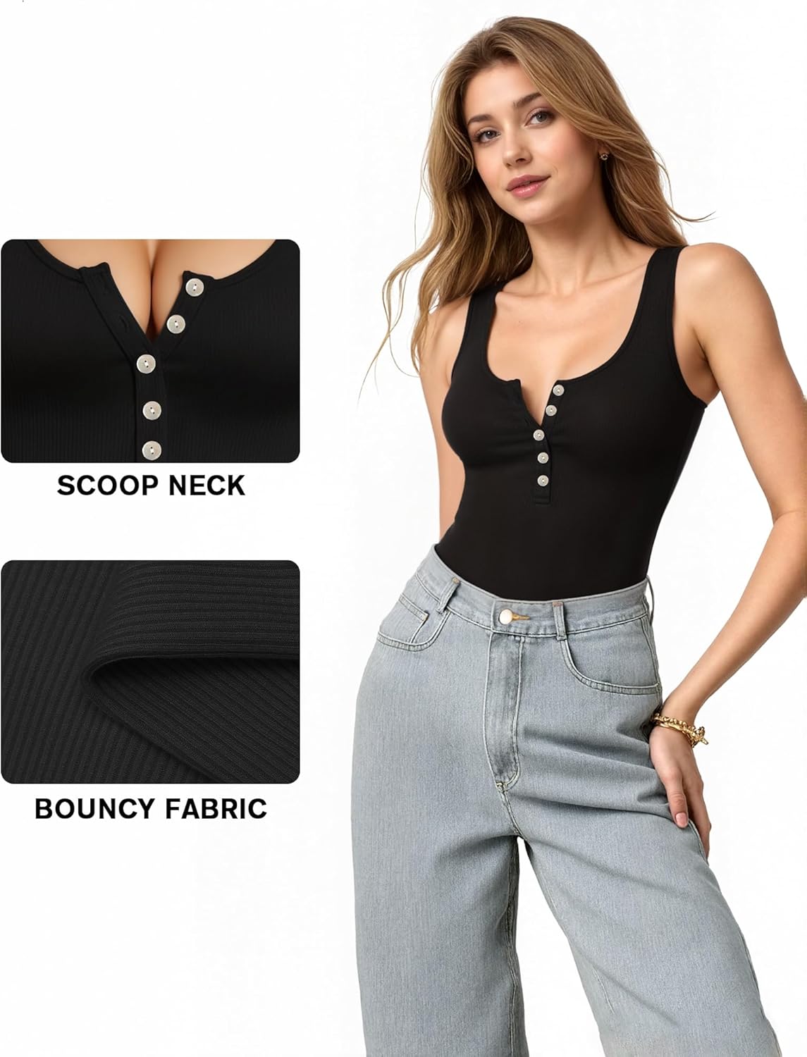 MANGOPOP Women's Henley Shirt Scoop Neck Button Down Ribbed Bodysuits Sleeveless Tank Tops Body Suit - Image 4