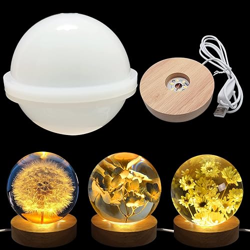 Molde de resina de luz redonda de esfera grande de 4 pulgadas, molde de resina de silicona LED con 1 soporte de base iluminado de madera alimentado disponible en Yaxa Costa Rica