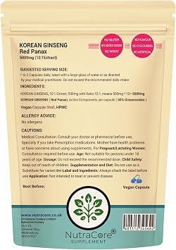 Korean Ginseng Capsules 5000mg (10:1 Extract) – 50% Ginsenosides – Red Panax Ginseng Supplement – Energy, Focus & Vitality Support – Vegan, Non-GMO, No Fillers – Made in UK – NutraCore (90 Caps)