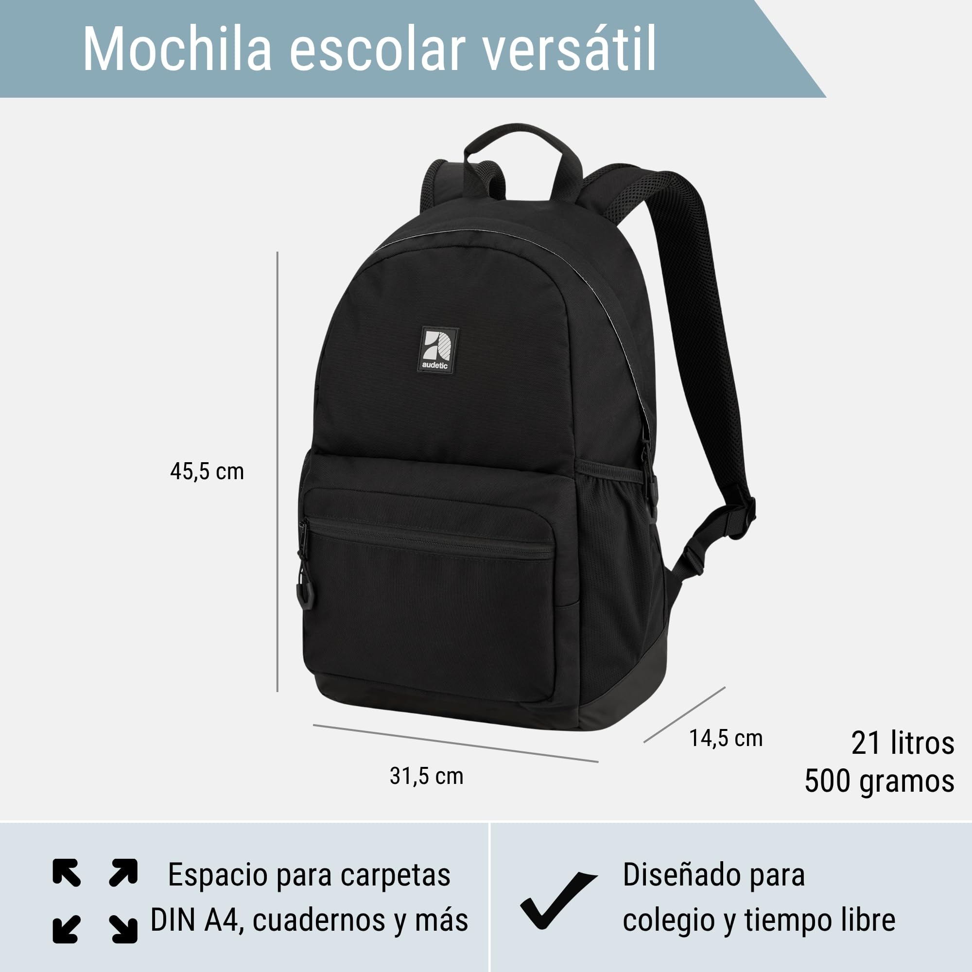 AUDETIC Mochila Mujer, Hombre y Niña Negro - Flex - Mochila Escolar Aesthetic para Portátil - Grande Bolso para Colegio y Viaje Adolescentes - Impermeable