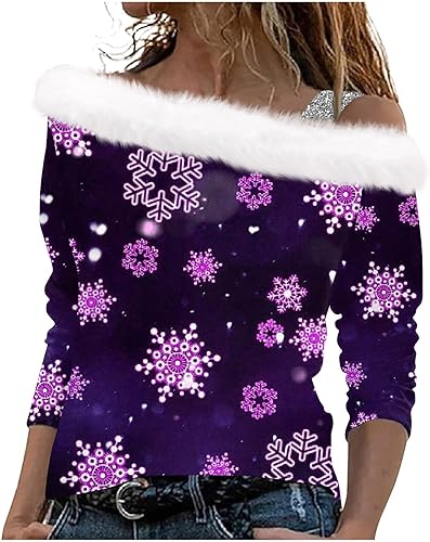 GIANTHONG Camisas de Navidad para mujer, blusa casual con hombros descubiertos, camisas de manga larga, camisetas de fiesta de vacaciones, sudadera