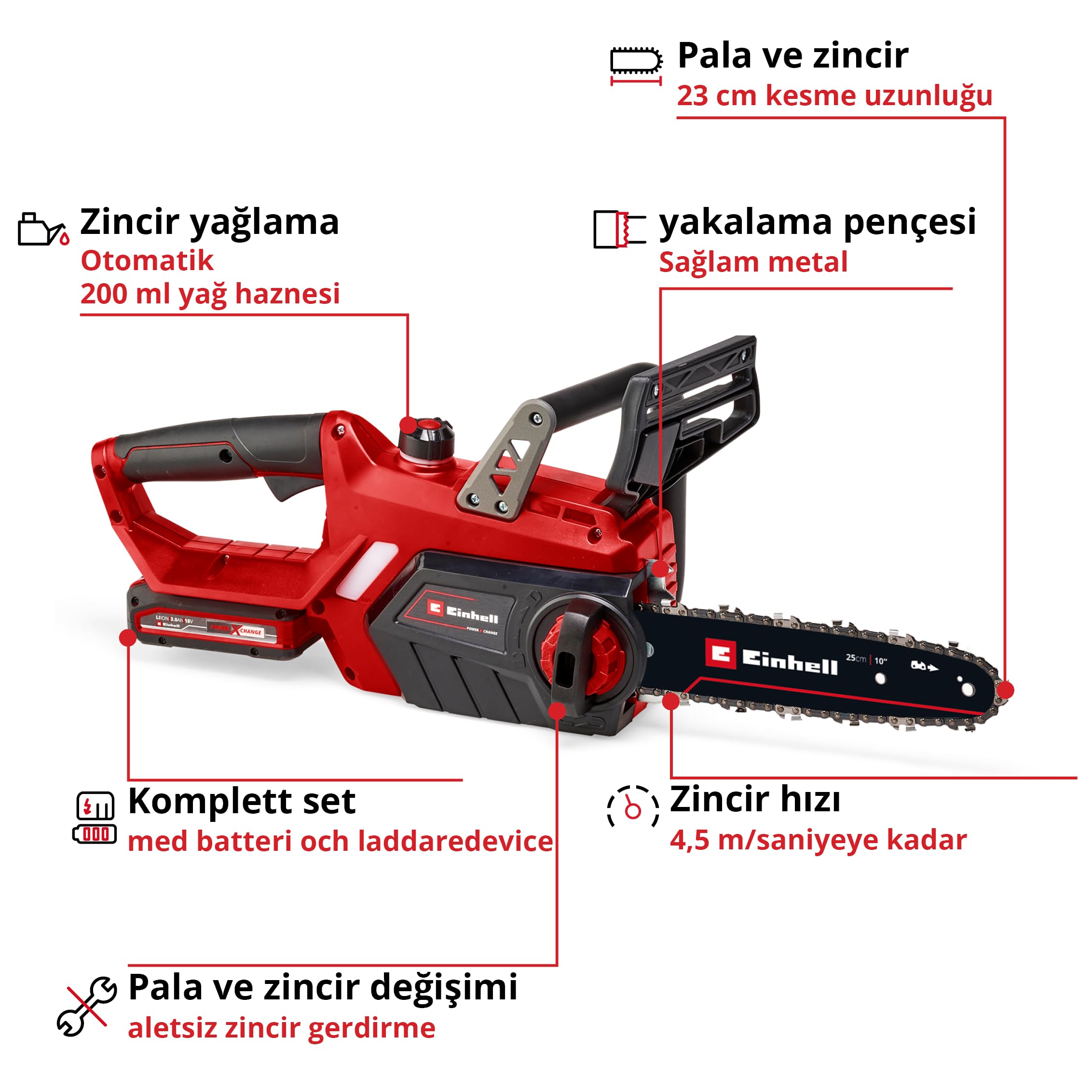 Einhell Akülü Zincirli Testere GE-LC 18/25-1 Li Kit Power X-Change
