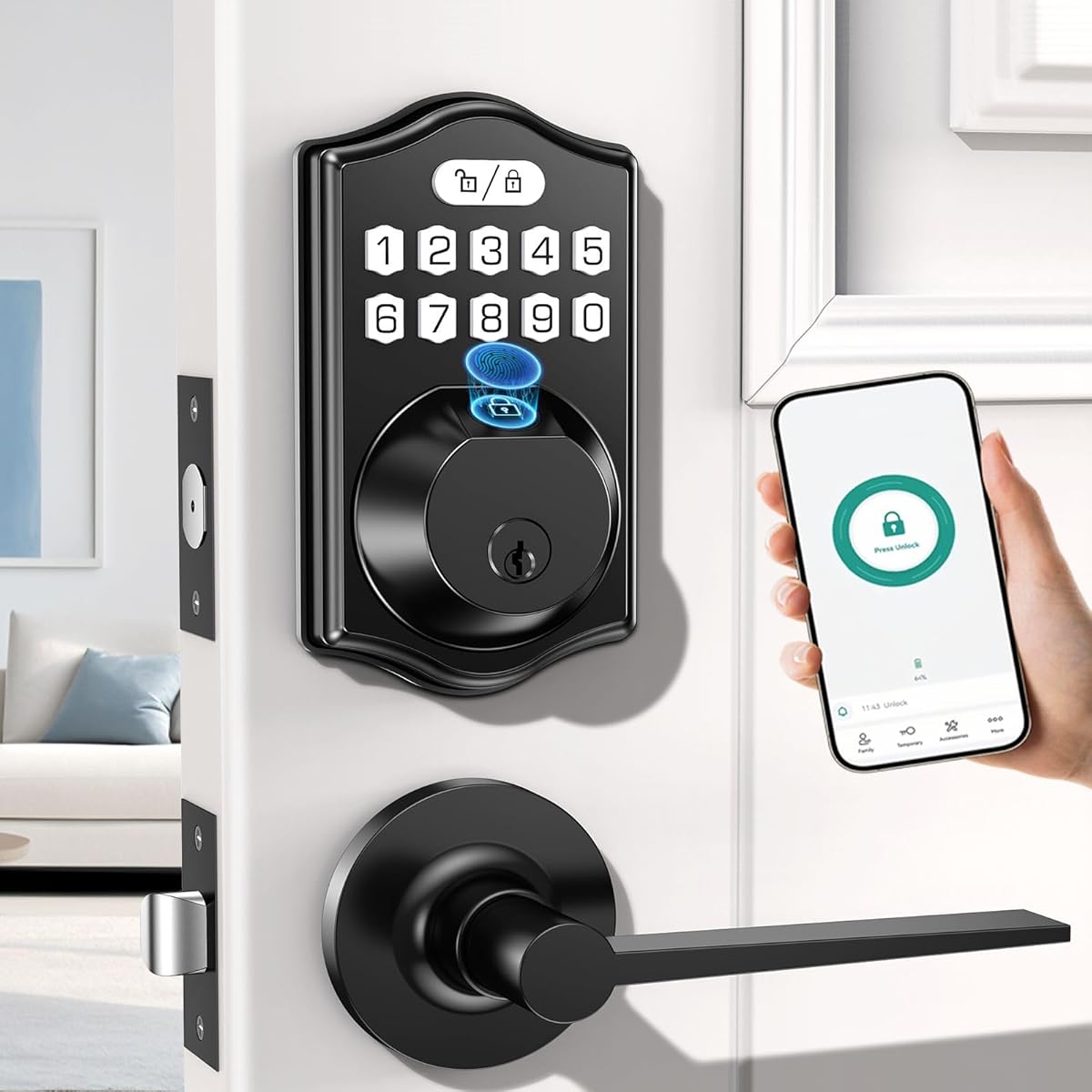 keyless Entry Door Lock deadbolt with Handle Set-Front Fingerprint Smart Locks with 2 Lever Handles-Keypad Code Deadbolt -App Control,Auto Lock