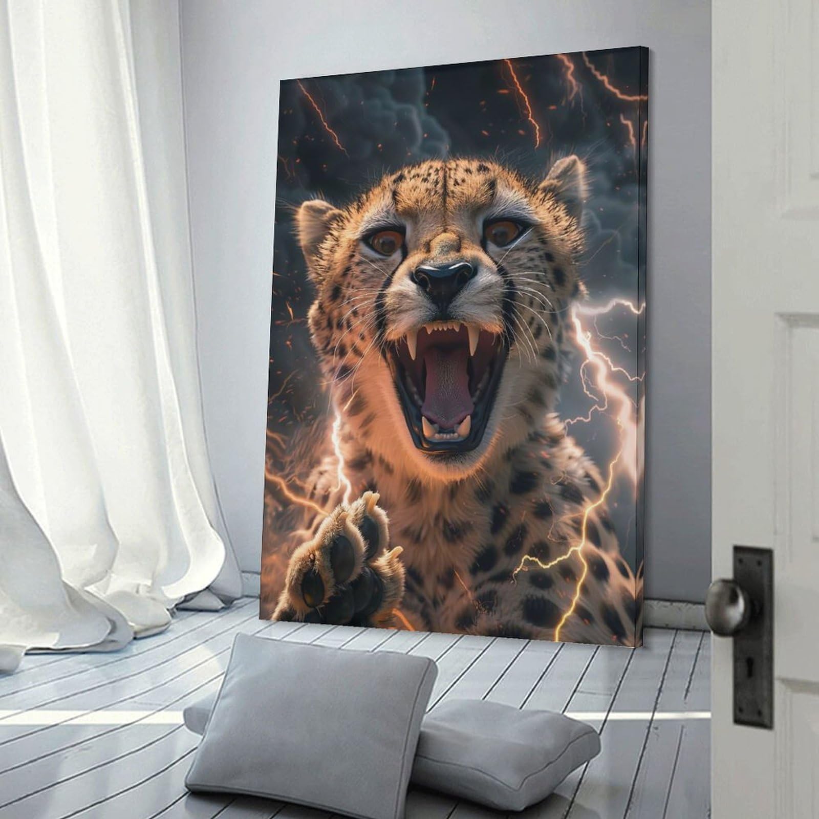 Junmoney Cheetah Lightning Canvas Wall Decor 24x36inch(60x90cm), for Corridors, Hallways Or Apartment Entries, A Stylish Accent for Home Entrances