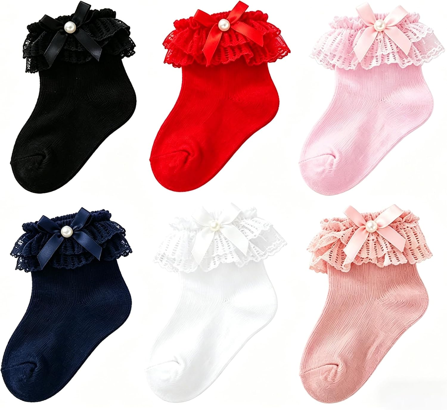 6 pairs of children's and babies' ruffled fringed socks and baby bow princess socks