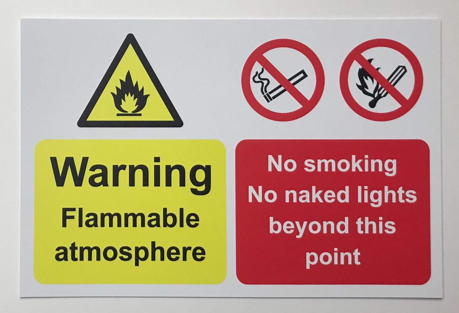 Warning flammable atmosphere no smoking no naked flames beyond this point Safety sign - 1.2mm Rigid plastic 300mm x 200mm