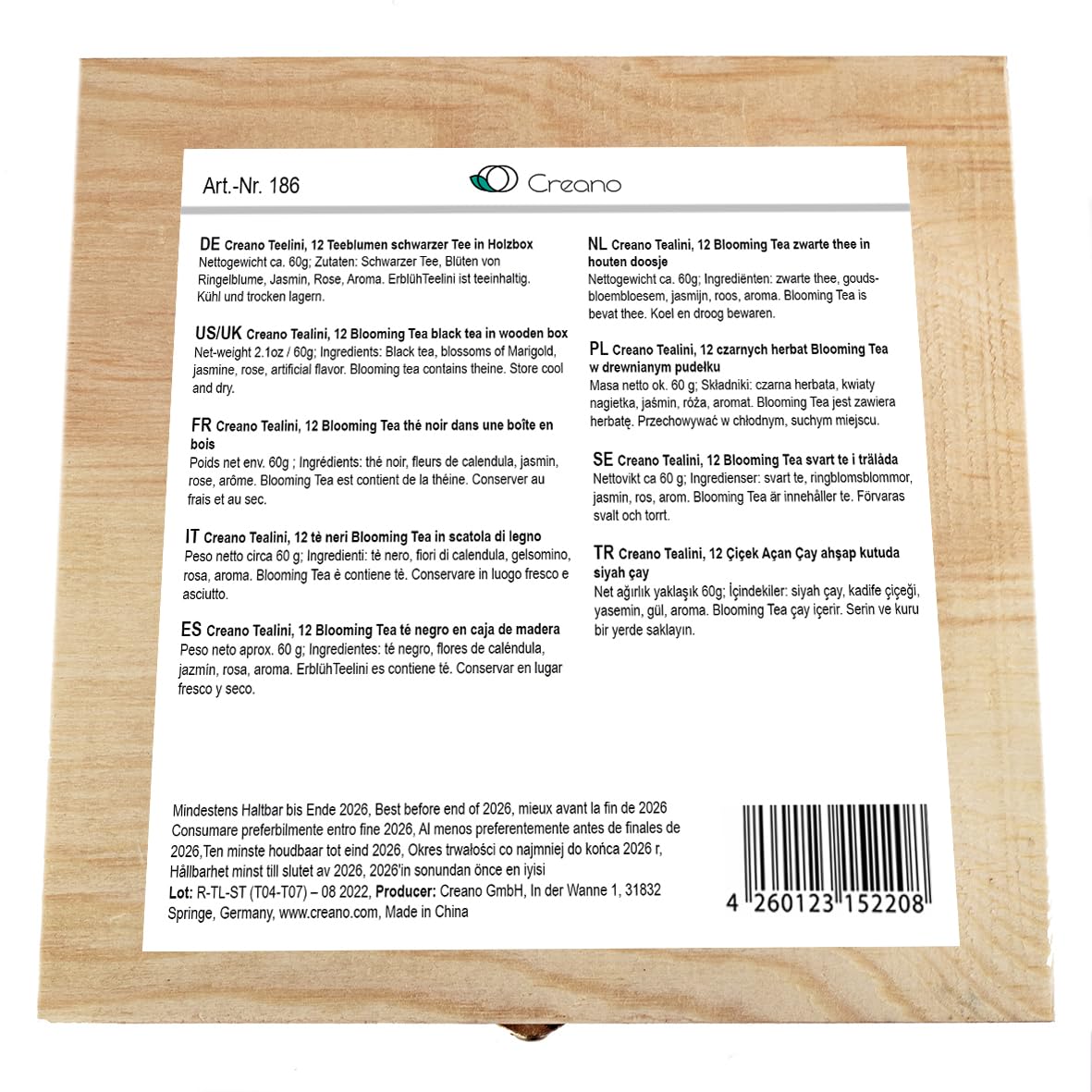 Creano Set Regalo Fiori di Tè Nero "Tèlini" in Tazza – 12 Tè Fiorito in 4 Tipi Diversi in Elegante Scatola di Legno – Perfetto per Regalo e Degustazione
