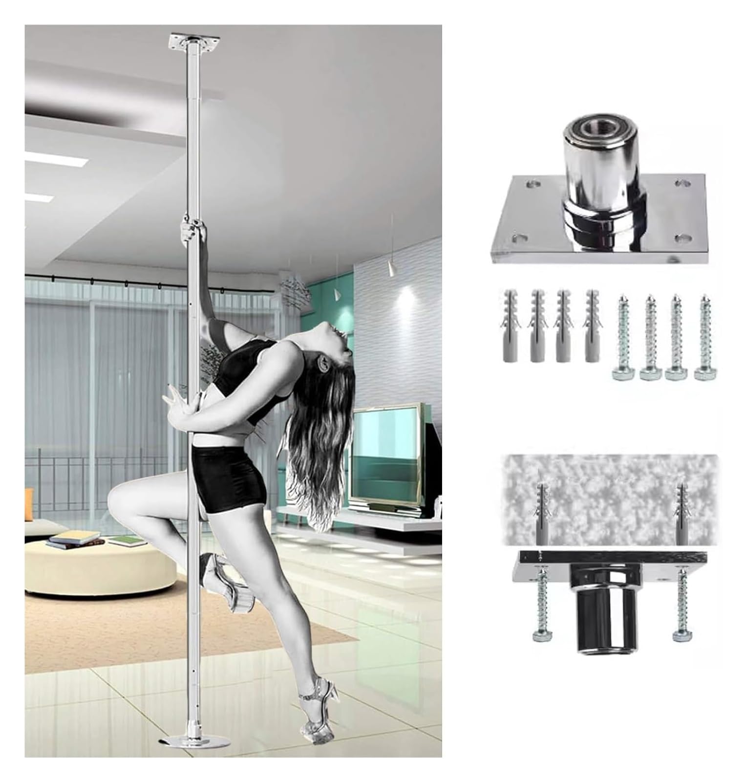 JYBNBBE Stripper Pole,Dance Pole, Fitness Permanent Fixed Dance Pole, Adjustable Silver Dancing Pole Spinning and Static Dance,Height 2.23-2.86m (7.3ft