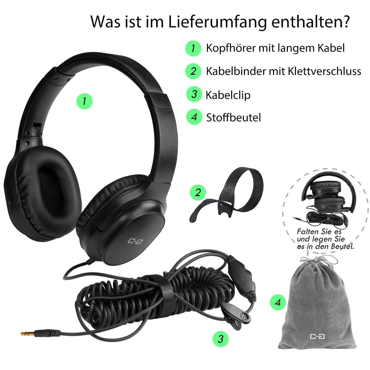 TV Kopfhörer mit extra langem Kabel, 5,5 m Spiralkabel, Lautstärkeregler | Over-Ear Stereo-Kopfhörer mit 5,5 m Spiralkabel und 3,5-mm-Anschluss für TV und PC