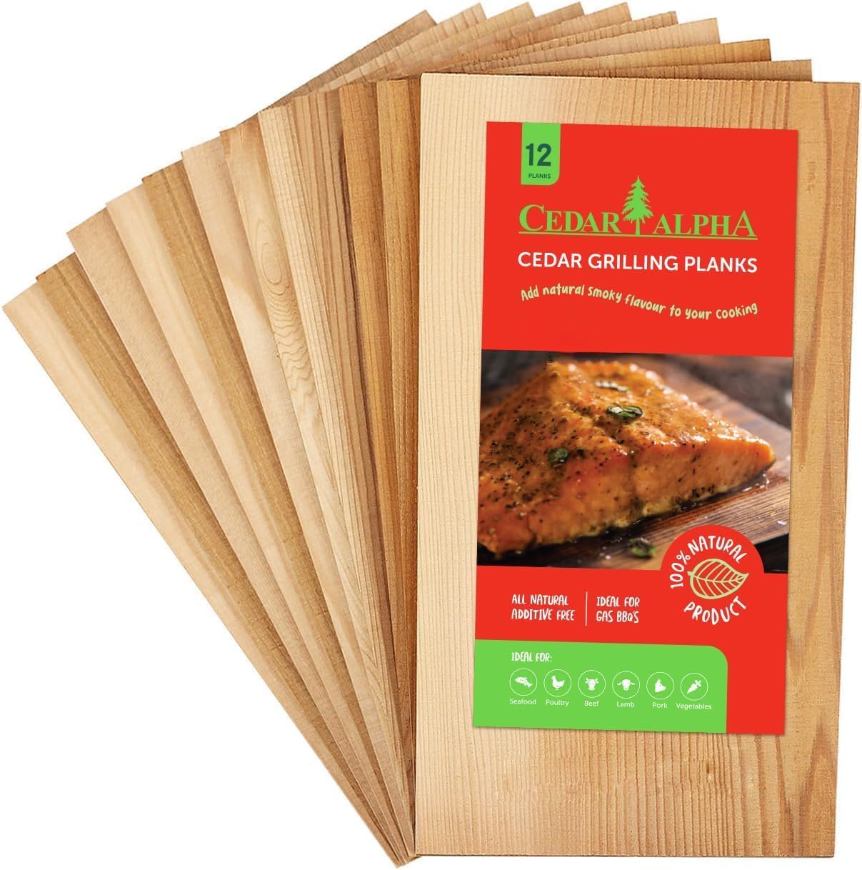 Bigger 12 Pk Cedar Planks for Grilling Salmon, Premium Canadian Western Red Cedar, Meat Fish and Veggies. Adding Extra Smoke and Flavor, Soaking Fast, Easy to Use Cedar Grilling Planks (11" X5.76'')