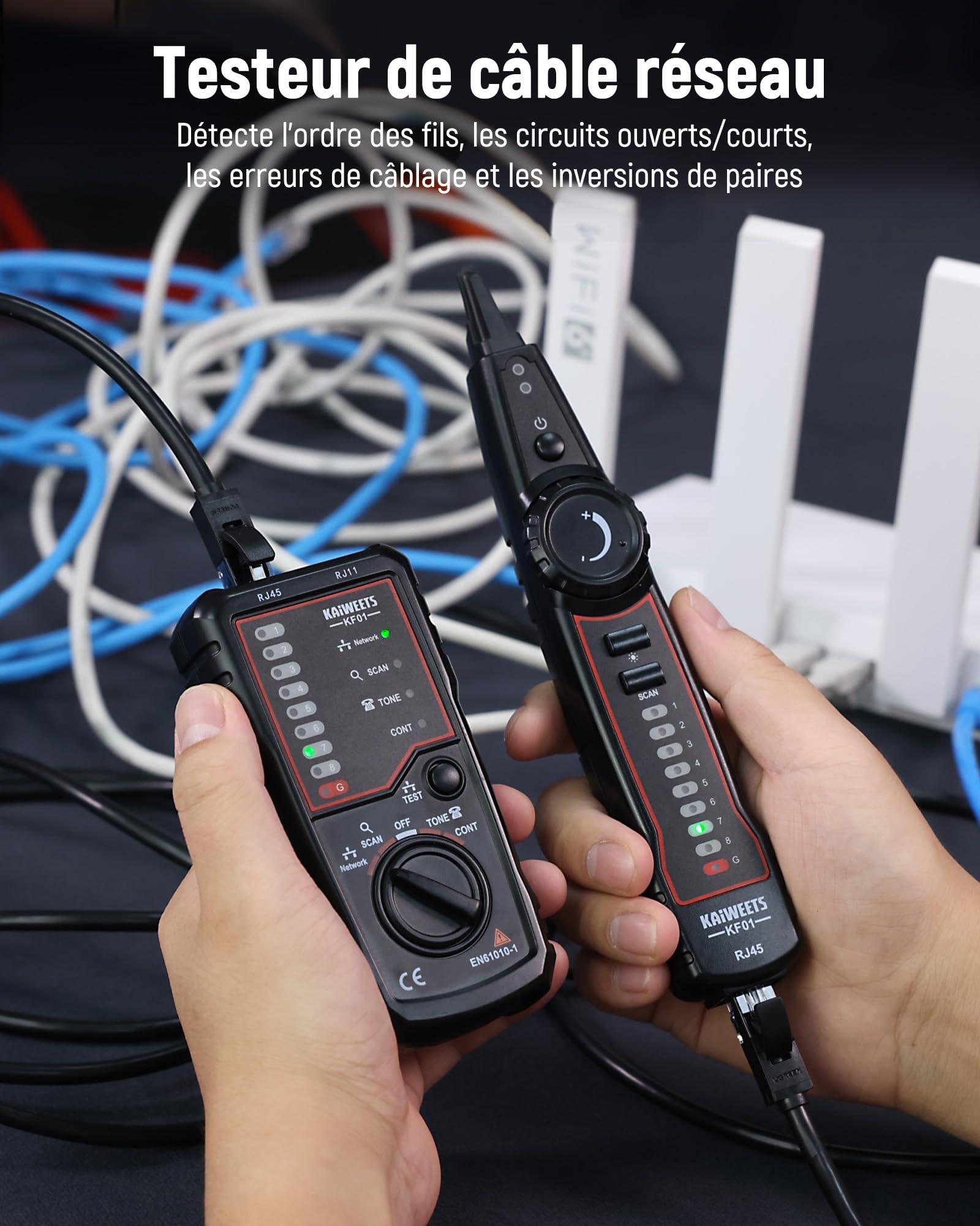 KAIWEETS traceur de cable – Testeur de câbles RJ45 RJ11, câble téléphonique et câble LAN, pour traçage, test de ligne et test de continuité