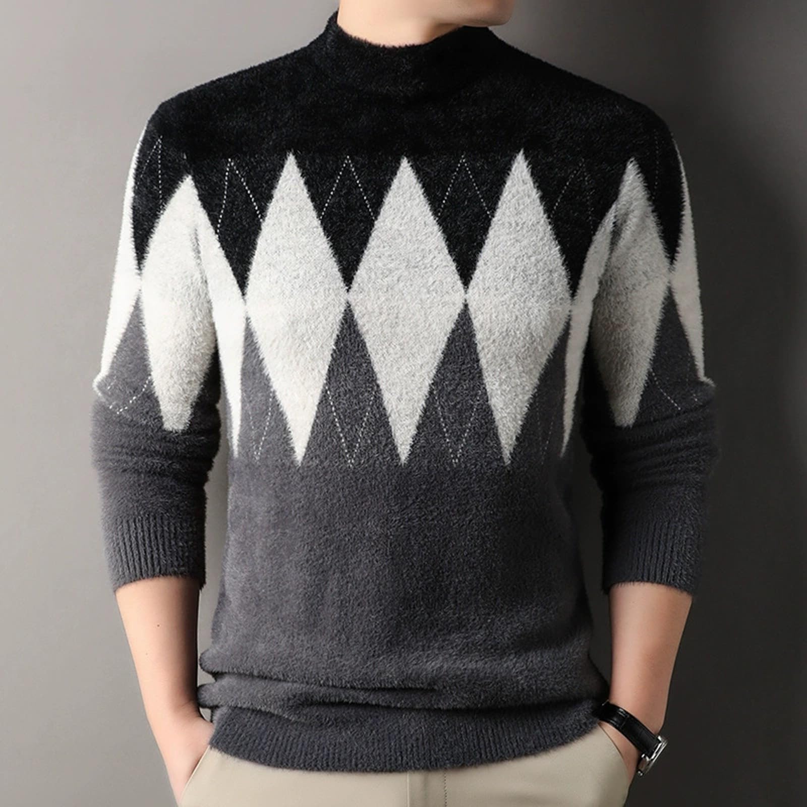 Generisch Jersey para hombre, cuello redondo, manga larga, jersey de punto, ligero, informal, de negocios, forro polar, grueso, de invierno, jacquard, para el tiempo libre
