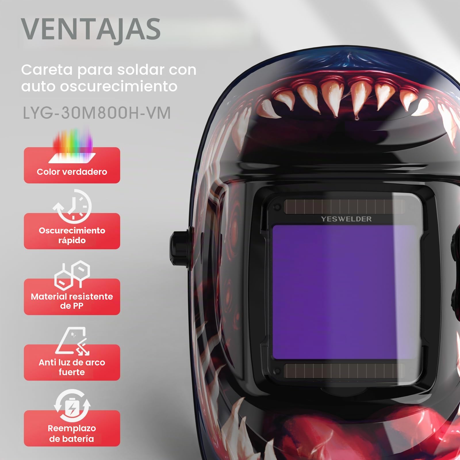 YESWELDER Careta Soldar de Color Verdadero, 10X9cm Pantalla Grande Careta Soldar Automatica Batería Solar Reemplazable, 4 Sensores de Arco, Sombra Amplia 4/5~9/9~13 para TIG MIG ARC Cut Grind