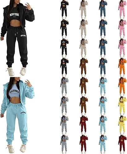 WZPIMT Women Sweatsuits Sets 3 Piece Outfits Long Sleeve Pullover Hoodie Full Zip Jackets + Tank + Jogging Sweatpants Sets