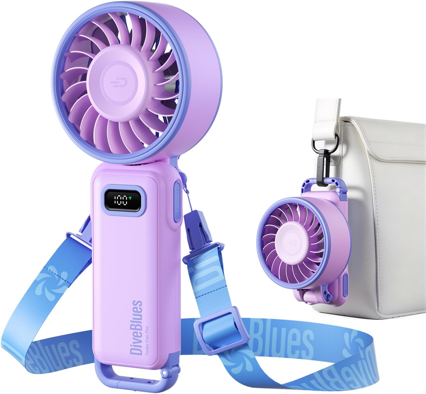 Diveblues Handventilator Tragbarer Turbo-Ventilator mit 100 Stufen und 7,4m/s Starkem Luftstrom, 180° Faltbarer 4-in-1 Mini-Ventilator für Hand, Hals und Tisch, Aufladbar für Sommer, Reise und Outdoor