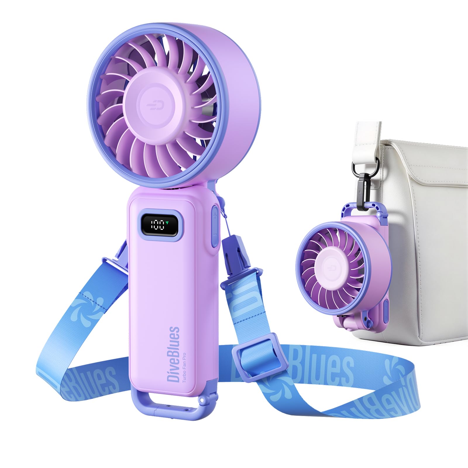Diveblues Ventilador de Mano Turbo Portátil, 100 Velocidad, Flujo de Aire Potente de 7,4 m/s, Mini Ventilador Plegable 180° 4-en-1 para Mano, Cuello o Mesa, Recargable para Verano, Viajes y Exterior — view 14