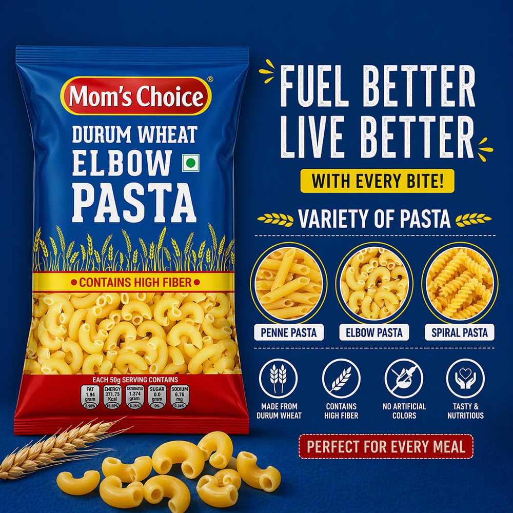 Mom’s Choice Durum Wheat Elbow Pasta | 100% Durum Wheat Semolina (Suji) | 0% Maida | High Fiber | Source of Protein | Cholesterol Free | Healthy Pasta | Non-Sticky | Easy to Cook | 400g | Pack of 3 4
