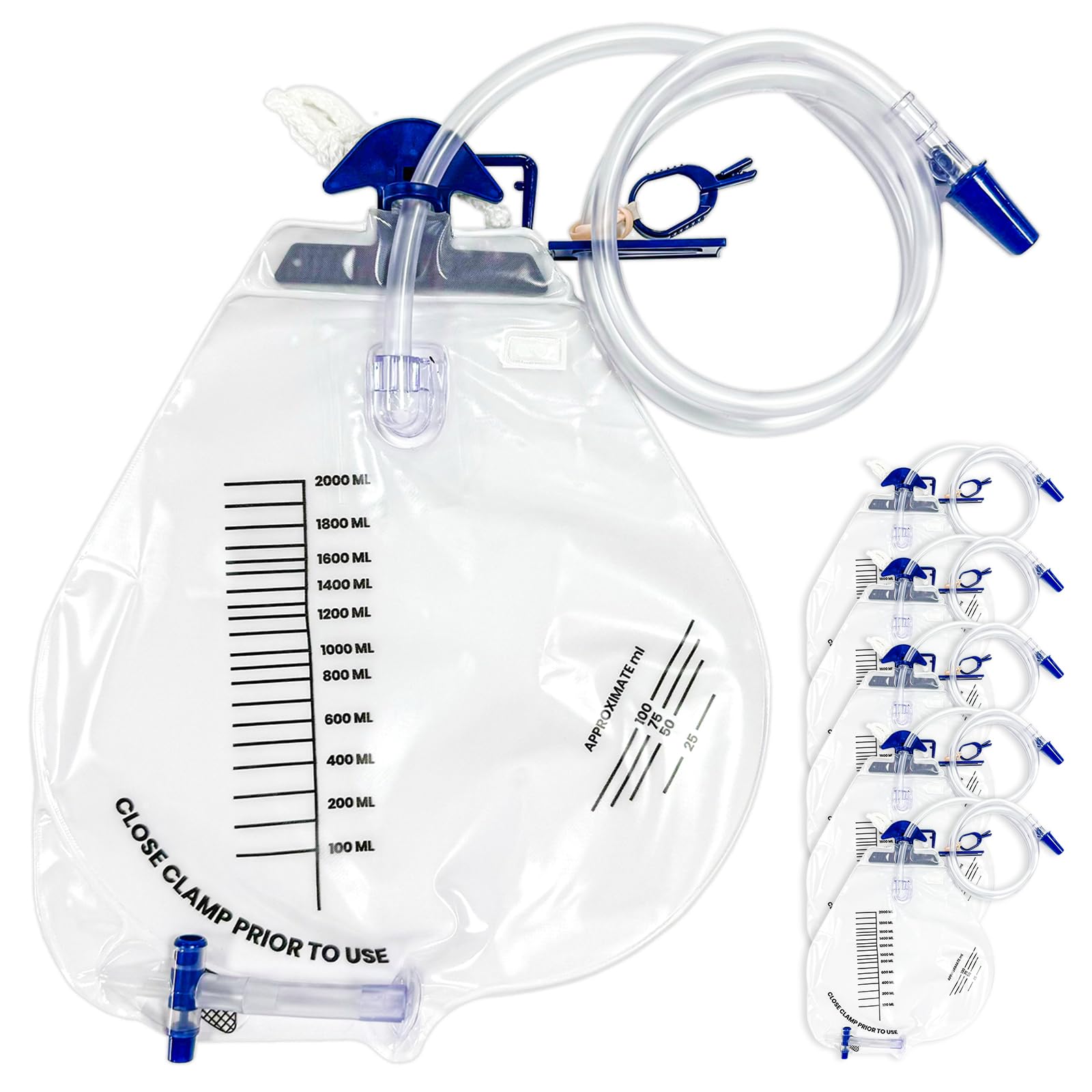 Carbou 2000ml Urine Drainage Bags, 6 Pcs Catheter Bags with Anti-Reflux Chamber - 48" Drainage Tube with Clamp & Hook, Quick-Release Drain Port Pack of 6