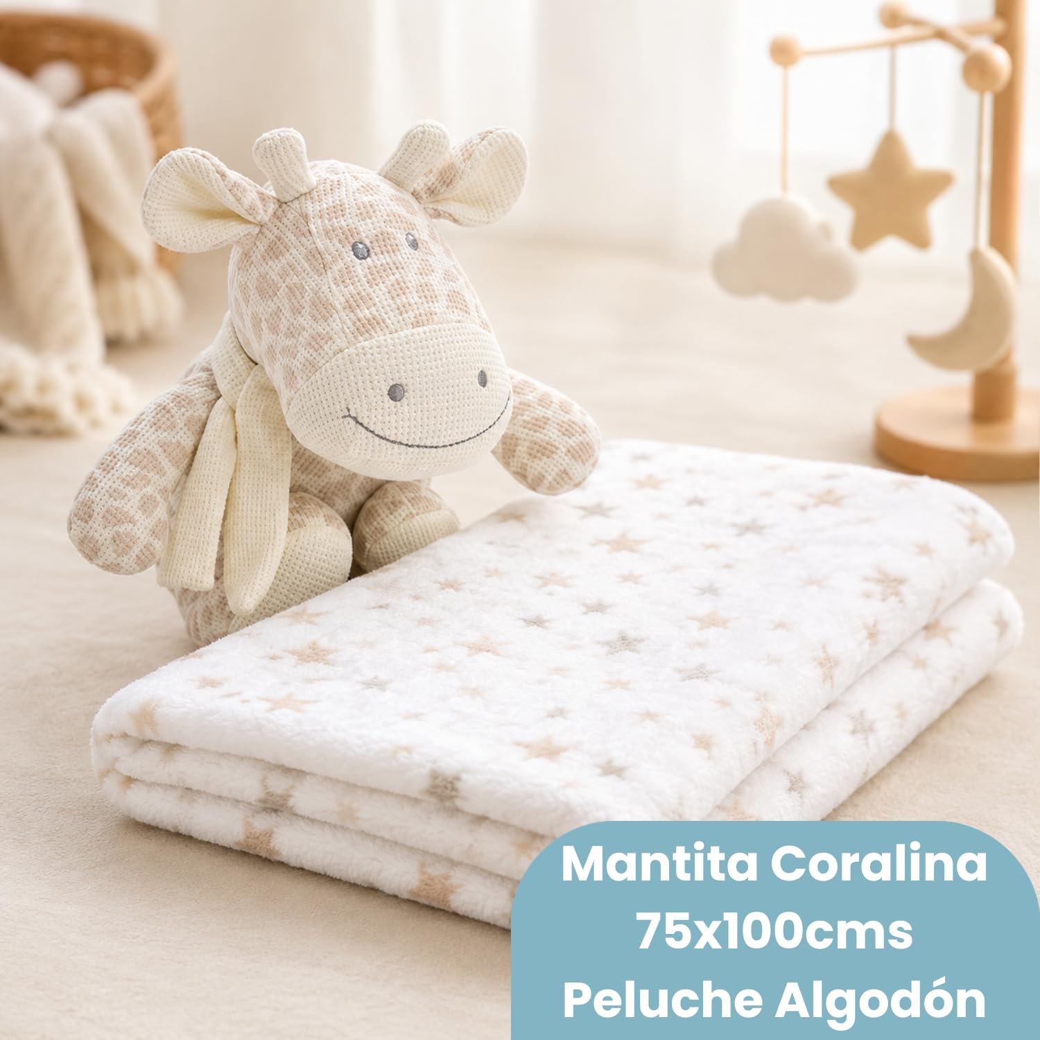 Cesta Bebé Personalizada Mi Jirafa, Regalo Recién Nacido con Manta Coralina, Peluche Jirafa, Cepillo y Peine Personalizados y Gasa Bordada