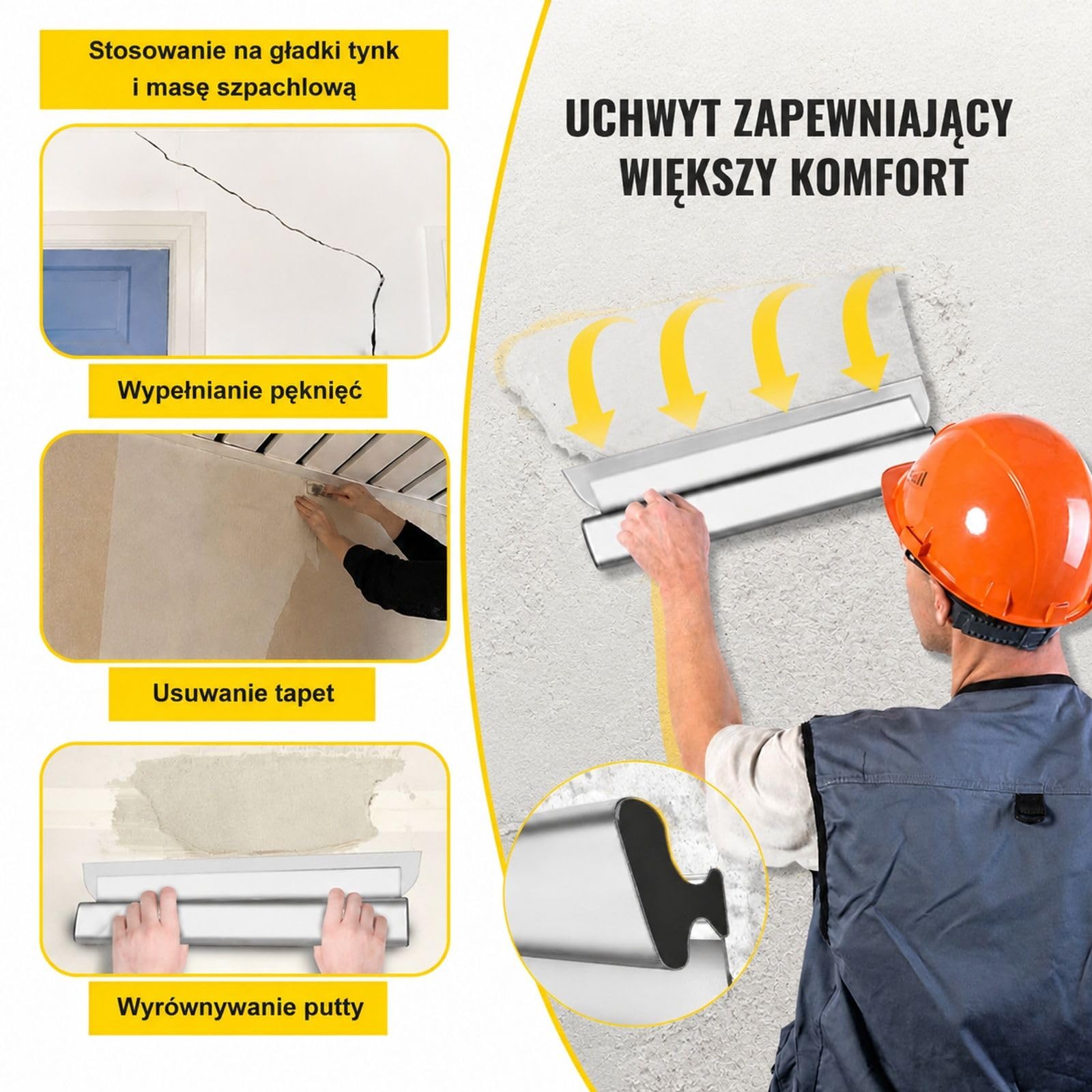 Szpachla do gładzi z ostrzem ze stali nierdzewnej, aluminiowym uchwytem i zaślepkami do ścian