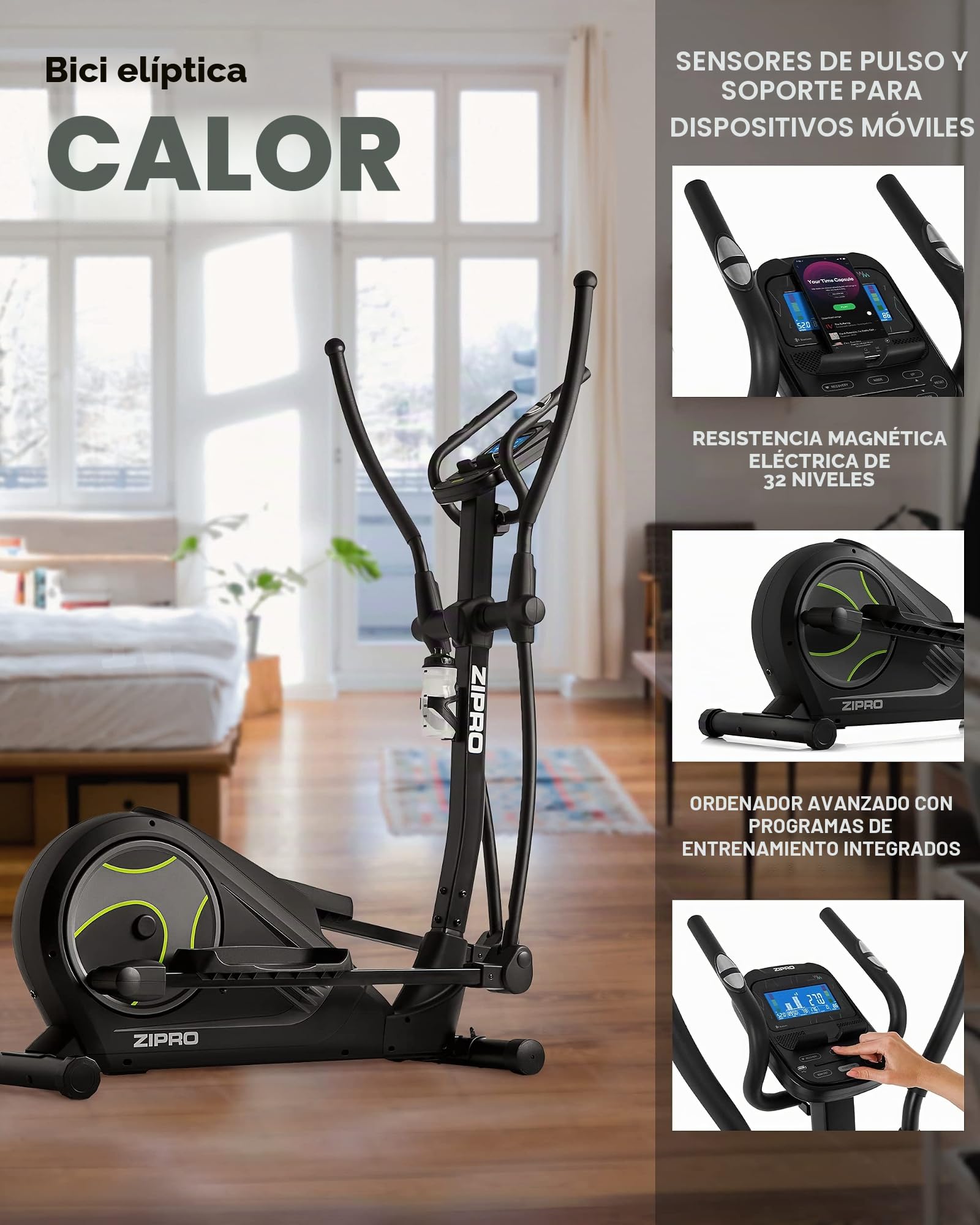 Zipro Elíptica Heat, Resistencia de hasta 150 kg, Ideal para el hogar, Equipo de Entrenamiento Cardiovascular, máquinas de Ejercicio, Entrenador doméstico, 32 Niveles de Resistencia